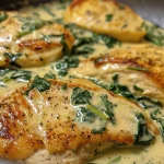 Close-up view of creamy spinach chicken with vibrant spinach and a rich sauce.