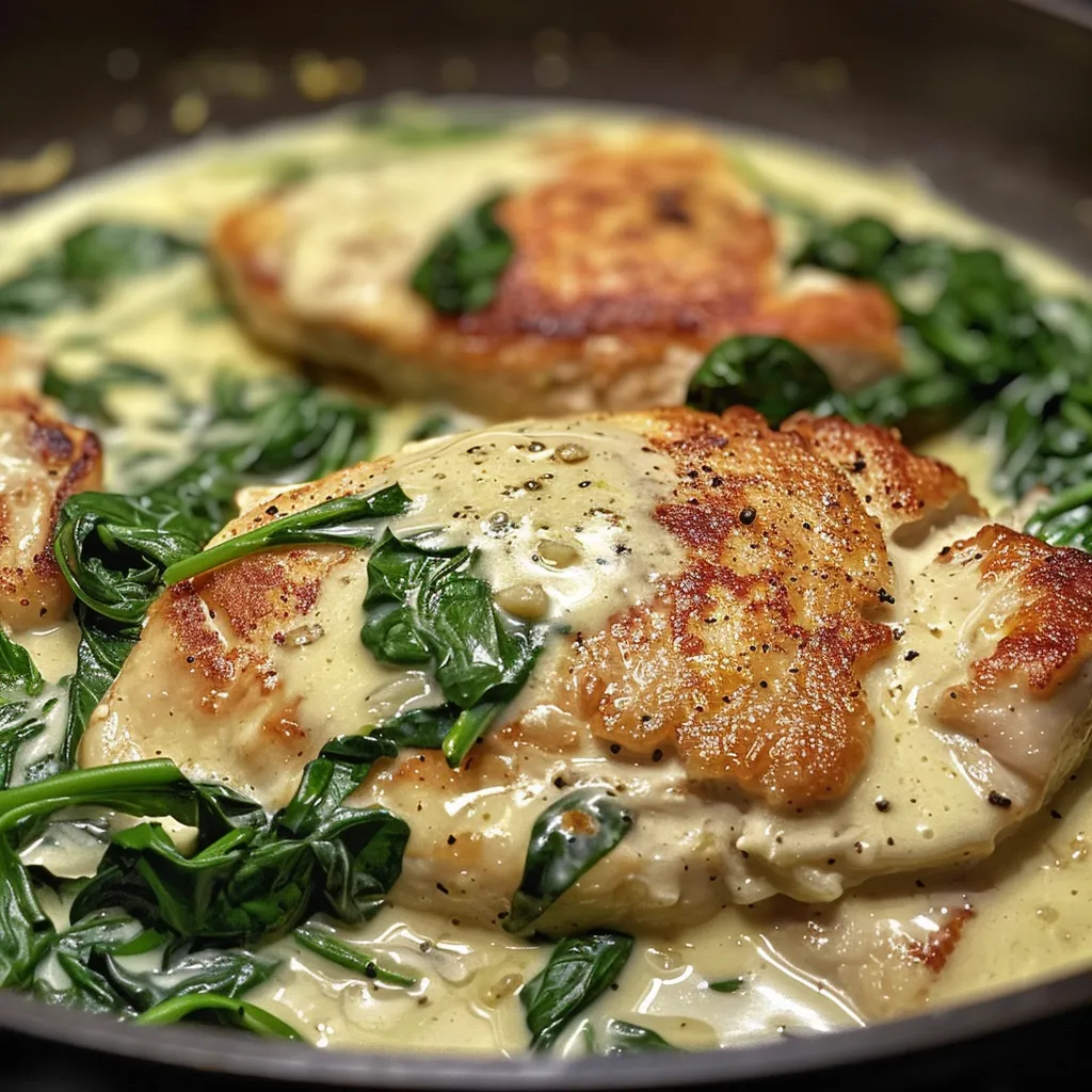Juicy chicken cutlets in a creamy sauce surrounded by fresh spinach leaves.