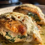 Close-up side view of a juicy Creamy Spinach Stuffed Chicken breast on a plate.