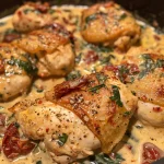 Close-up view of creamy sun-dried tomato chicken garnished with fresh spinach.