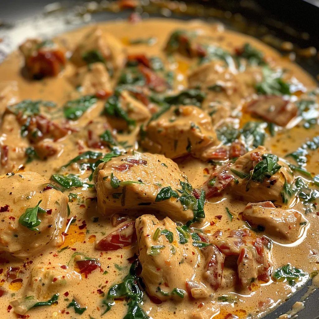 Juicy pieces of chicken in a rich creamy sauce with sun-dried tomatoes and spinach.