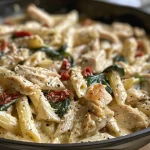A close-up view of creamy Tuscan chicken pasta with sun-dried tomatoes and spinach, showcasing the colorful ingredients.
