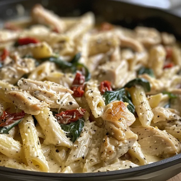 Close-up view of creamy Tuscan chicken pasta topped with spinach and sun-dried tomatoes.