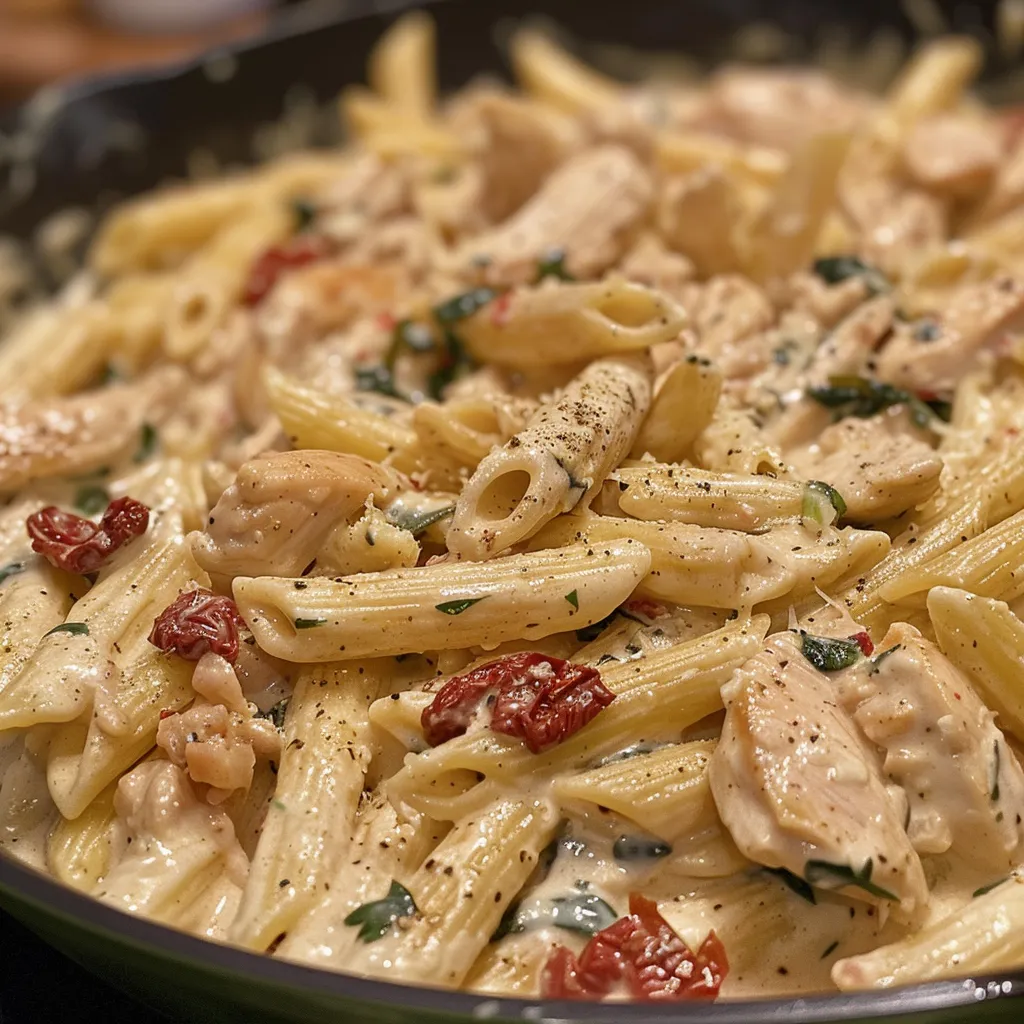 Detailed shot of creamy pasta dish featuring chicken, spinach, and Parmesan cheese.