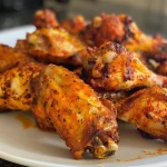 Close-up side view of crispy air fryer chicken wings garnished with parsley.