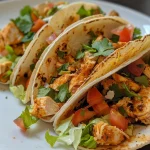 A close-up view of crispy chipotle chicken tacos garnished with fresh cilantro.