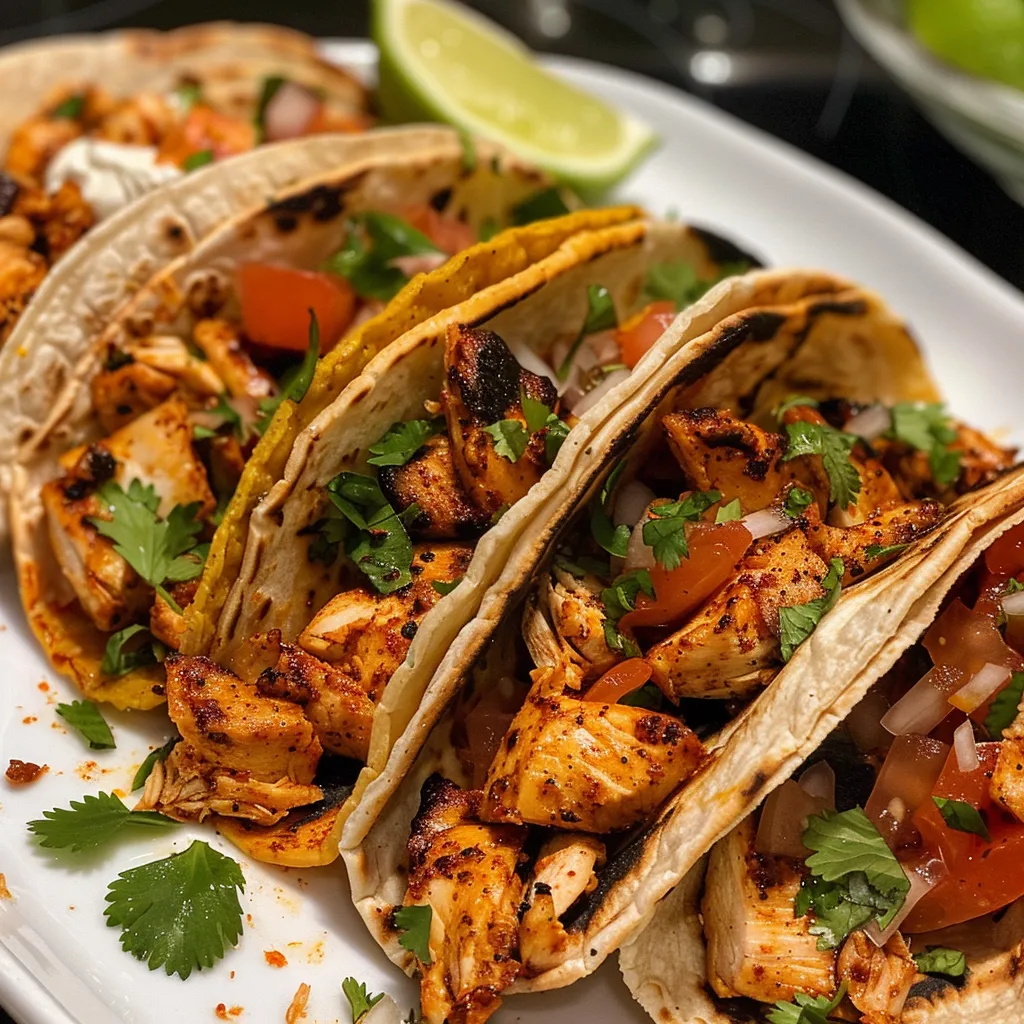 Juicy chipotle chicken tacos with vibrant toppings displayed from the side.