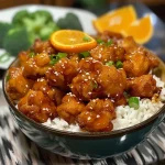 Close-up of crispy homemade orange chicken pieces garnished with orange zest.