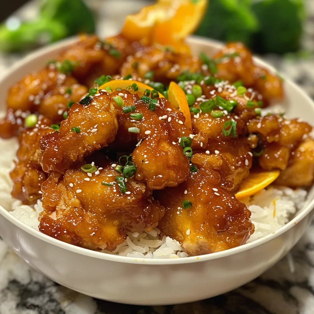 Side view of succulent orange chicken served on a plate with rice and broccoli.