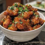 Close-up of crispy honey butter chicken pieces, glistening with honey glaze.