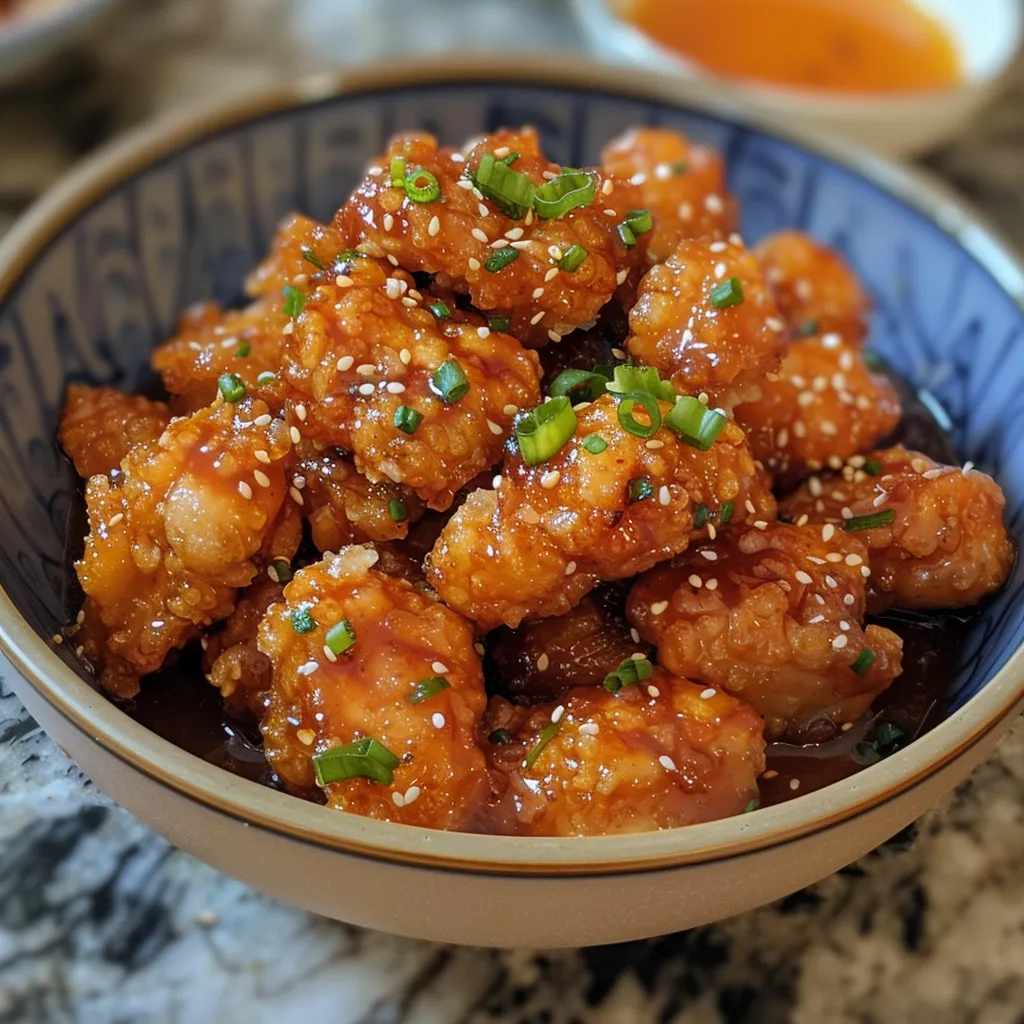 Side view of juicy chicken breast coated in a golden crispy layer, drizzled with honey.