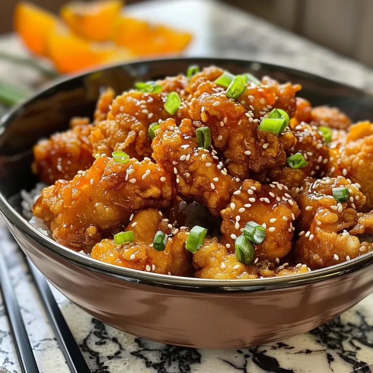 The Orange Chicken That Brings the Takeout Experience Home Crispy orange chicken pieces coated in sticky sauce, garnished with green onions and sesame seeds.