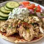 Close-up of Crockpot Greek Chicken Pitas filled with fresh toppings.