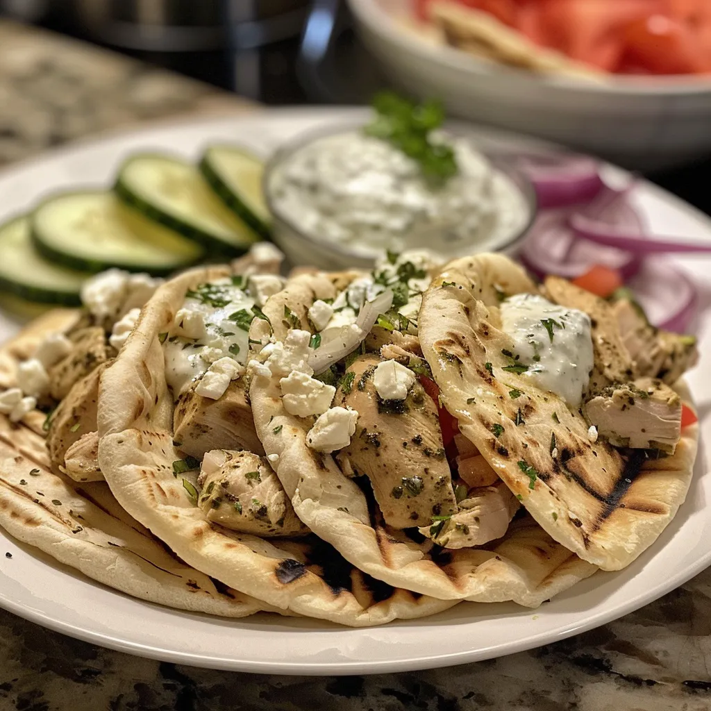 Side view of juicy Greek chicken pitas with tzatziki sauce and colorful vegetables.