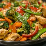 Close-up of a colorful chicken and vegetable stir-fry with broccoli, bell pepper, and carrots.