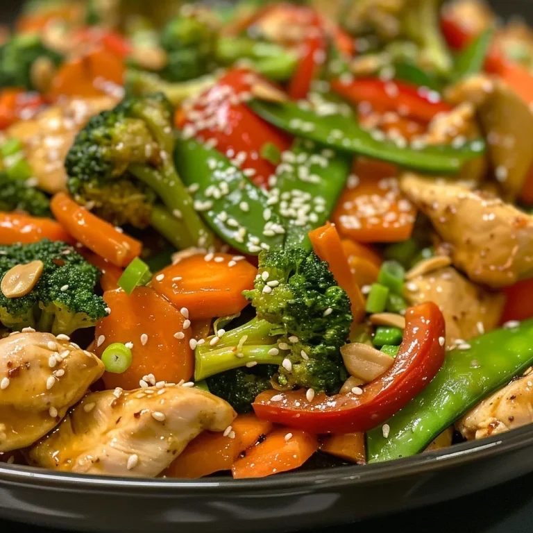 The Stir-Fry That Turns Weeknight Dinners Into Flavorful Gatherings Close-up of a colorful chicken and vegetable stir-fry with broccoli, bell pepper, and carrots.