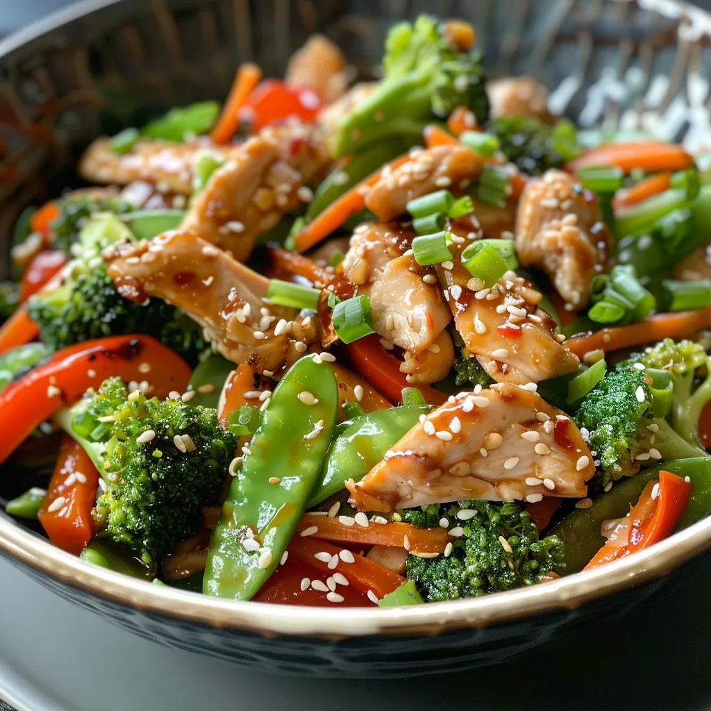 Juicy chicken strips and vibrant vegetables in a savory stir-fry dish.