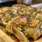 Close-up of juicy herb roasted chicken thighs with garlic.