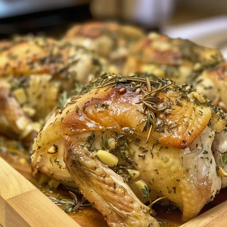 The Herb-Infused Chicken Thighs That Bring Back Cozy Evenings Close-up of juicy herb roasted chicken thighs with garlic.