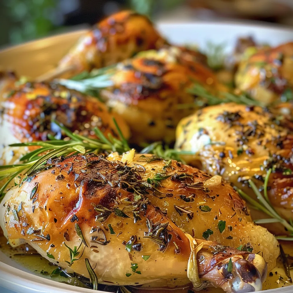 Side view of crispy skin-on chicken thighs garnished with herbs.