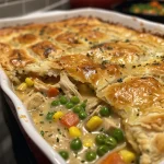 A close-up view of a homemade chicken pot pie casserole on a plate, showcasing a golden biscuit topping and colorful filling.