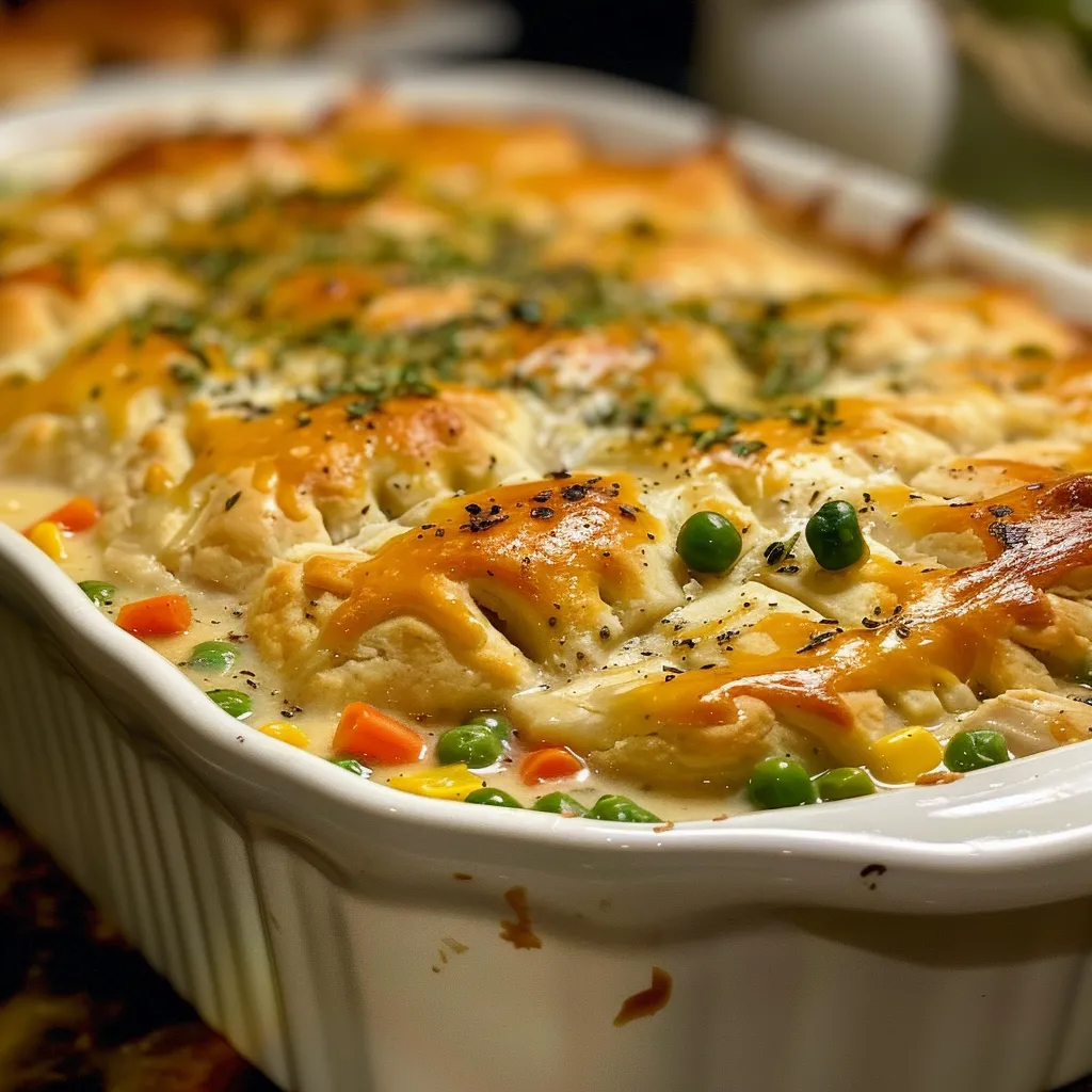 Side view of a juicy chicken pot pie casserole with visible chicken, vegetables, and a flaky biscuit crust.