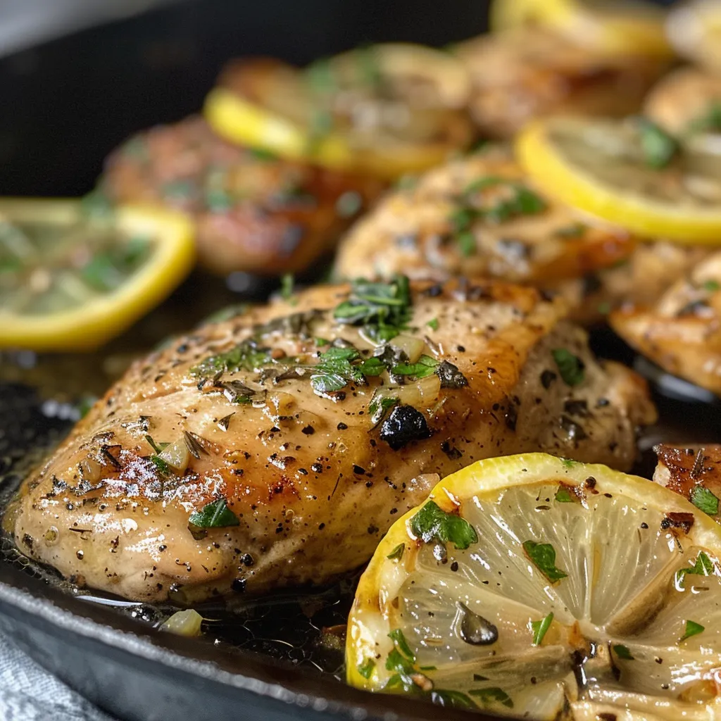 Juicy lemon chicken marinade displayed with lemon slices.