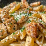 Close-up view of garlic butter chicken pasta featuring juicy chicken pieces and herbs.