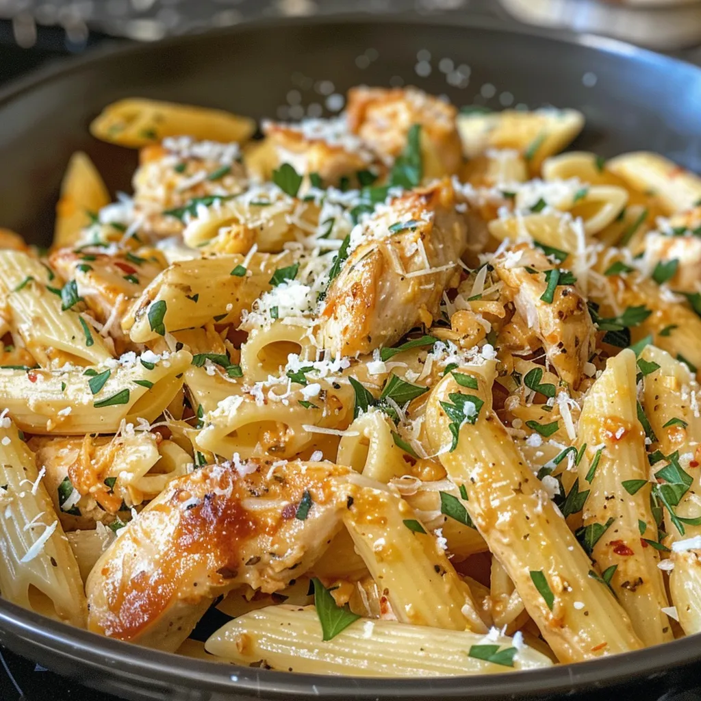 Plate of pasta with garlic butter sauce, chicken, and parsley, presented enticingly.