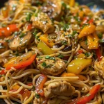 Close-up of a bowl of Garlic Chicken Lo Mein with colorful vegetables.
