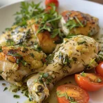Juicy garlic herb chicken thighs garnished with fresh parsley, with cherry tomatoes in the background.