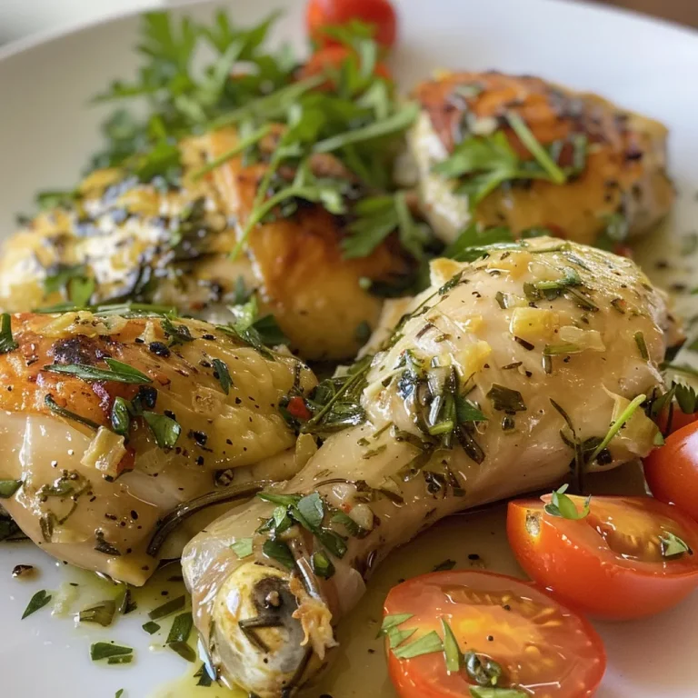 The Heartwarming Garlic Herb Chicken Thighs That Fill Your Home with Comfort Juicy garlic herb chicken thighs garnished with fresh parsley, with cherry tomatoes in the background.