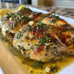 Juicy garlic herb roasted chicken thighs arranged on a plate, garnished with fresh rosemary.