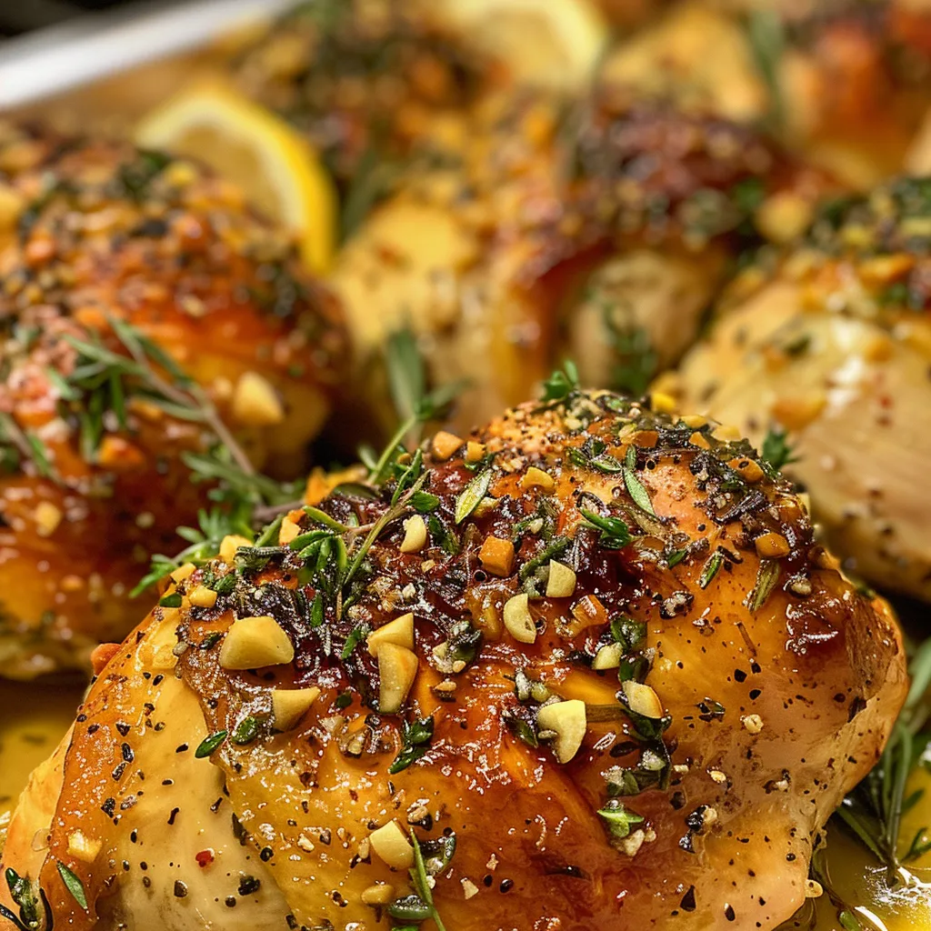 Close-up of tender chicken thighs seasoned with garlic and herbs, garnished with fresh parsley.