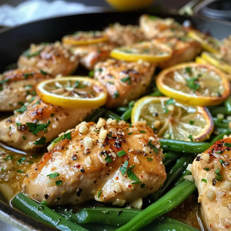 Golden-brown chicken thighs in a skillet with garlic, lemon slices, and green beans.