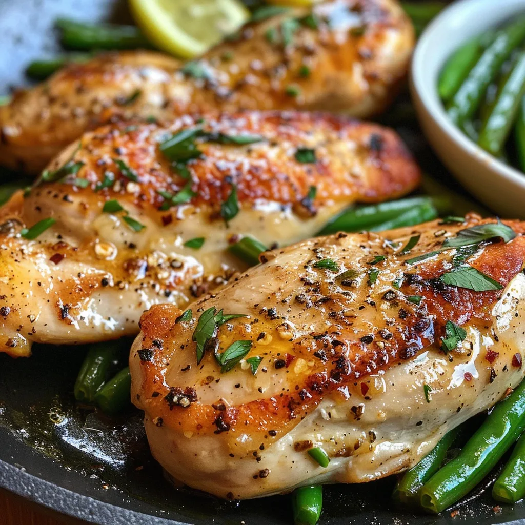 Close-up of a flavorful Garlic Lemon Butter Chicken Skillet with fresh ingredients.