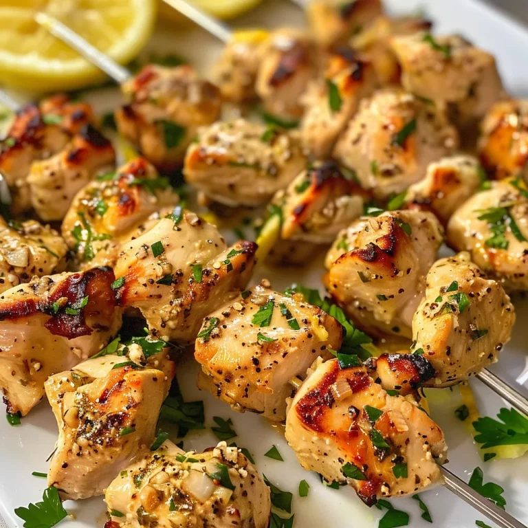 Skewers of Joy: The Garlic Parmesan Chicken Recipe That Brings Neighbors Together Close-up of juicy Garlic Parmesan Chicken Skewers garnished with parsley.