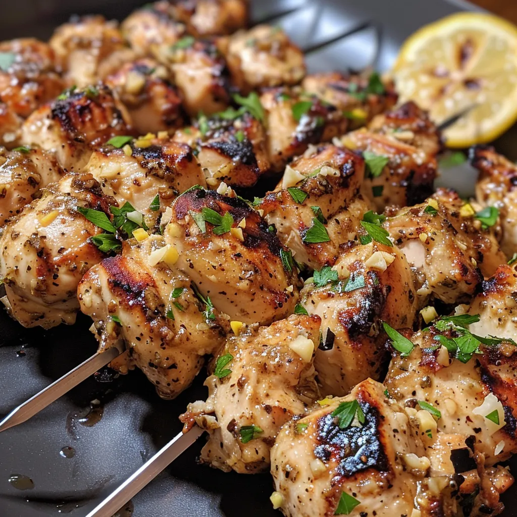 Side view of vibrant chicken skewers seasoned with garlic and Parmesan.