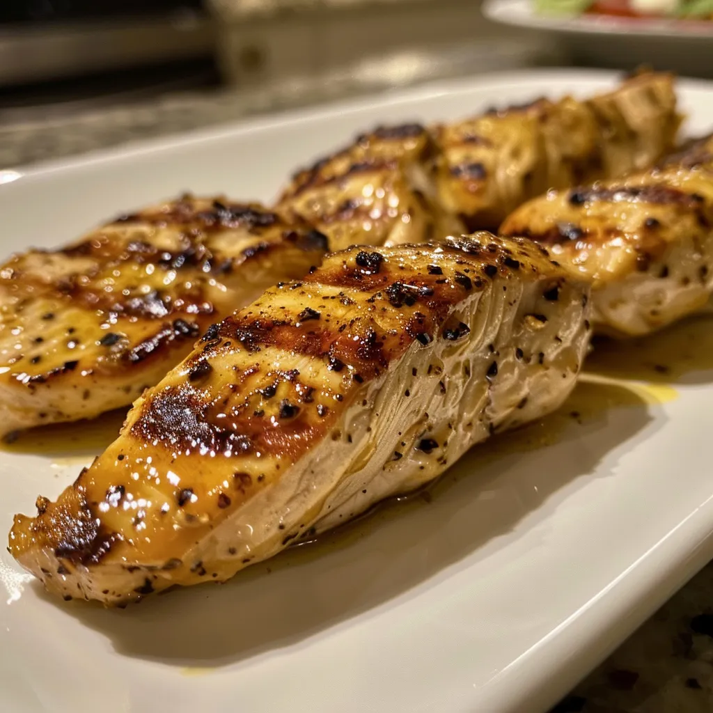 Close-up of perfectly grilled chicken glazed with honey mustard.