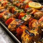 Close-up of grilled chicken skewers with paprika and bell pepper chunks.