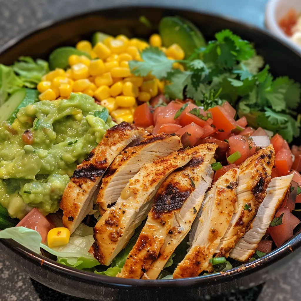 Side view of a healthy chicken taco bowl, showcasing diced chicken, tomatoes, avocado, and lettuce.