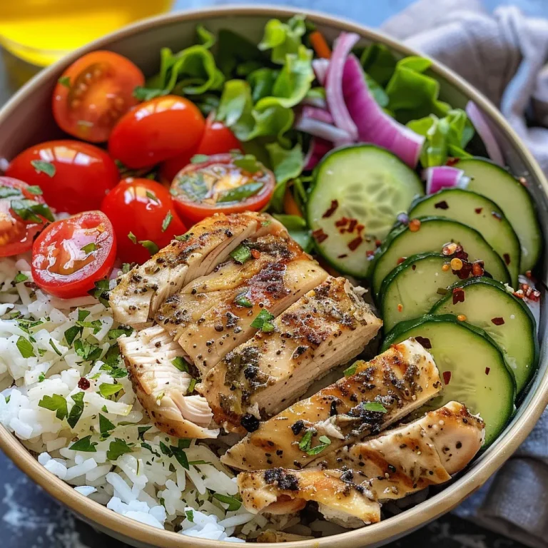 Taste of the Mediterranean: A Wholesome Chicken Bowl That Feels Like Home Close-up of a colorful Healthy Greek Chicken Bowl with grilled chicken and fresh vegetables.