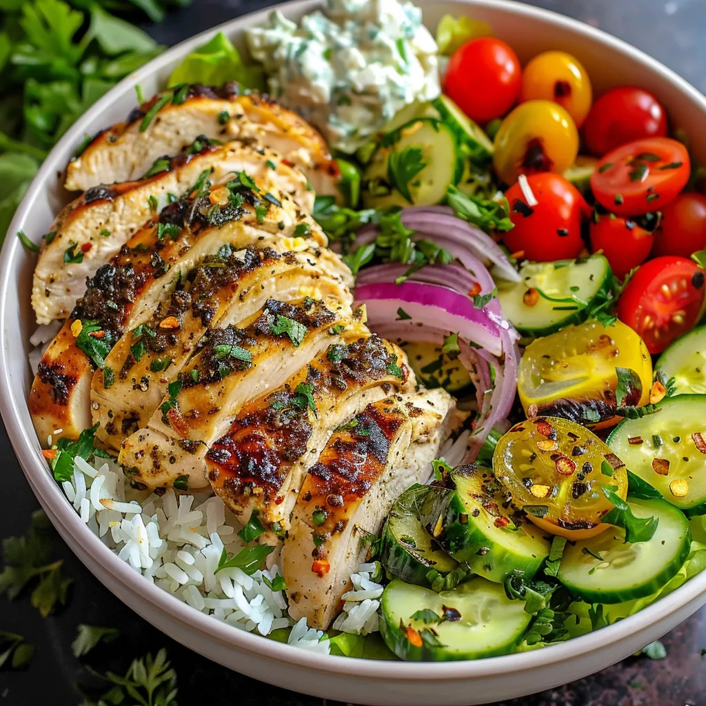 Side view of a Healthy Greek Chicken Bowl featuring chicken, cucumbers, and tomatoes.