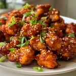 Juicy pieces of crispy Korean popcorn chicken with a glossy gochujang glaze garnished with green onions and sesame seeds.