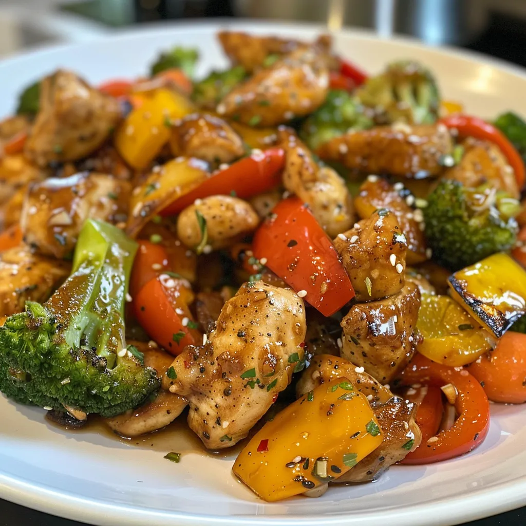 Juicy chicken cubes stir-fried with broccoli, bell peppers, and carrots on a plate.