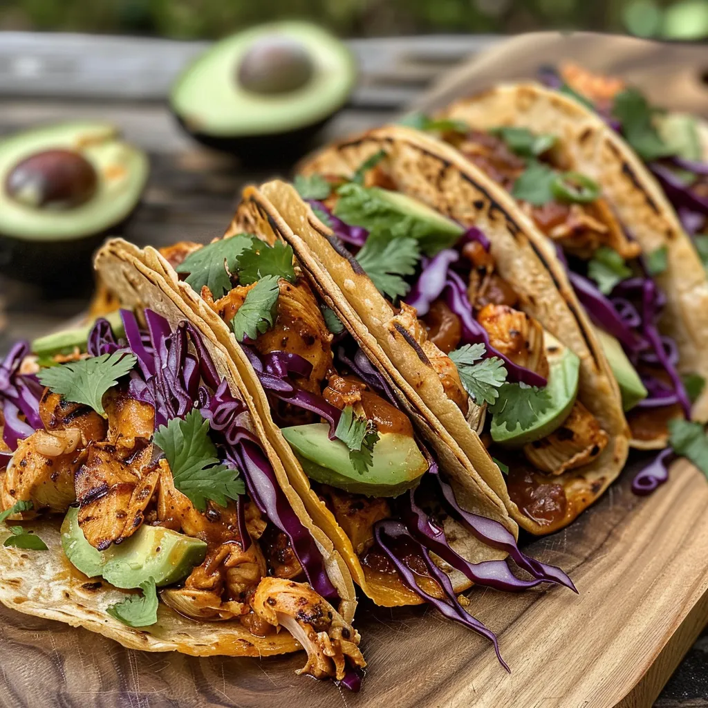 Juicy Honey Chipotle Chicken Tacos on corn tortillas, garnished with avocado and cilantro.