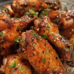 A close-up side view of juicy honey garlic chicken wings on a white plate.