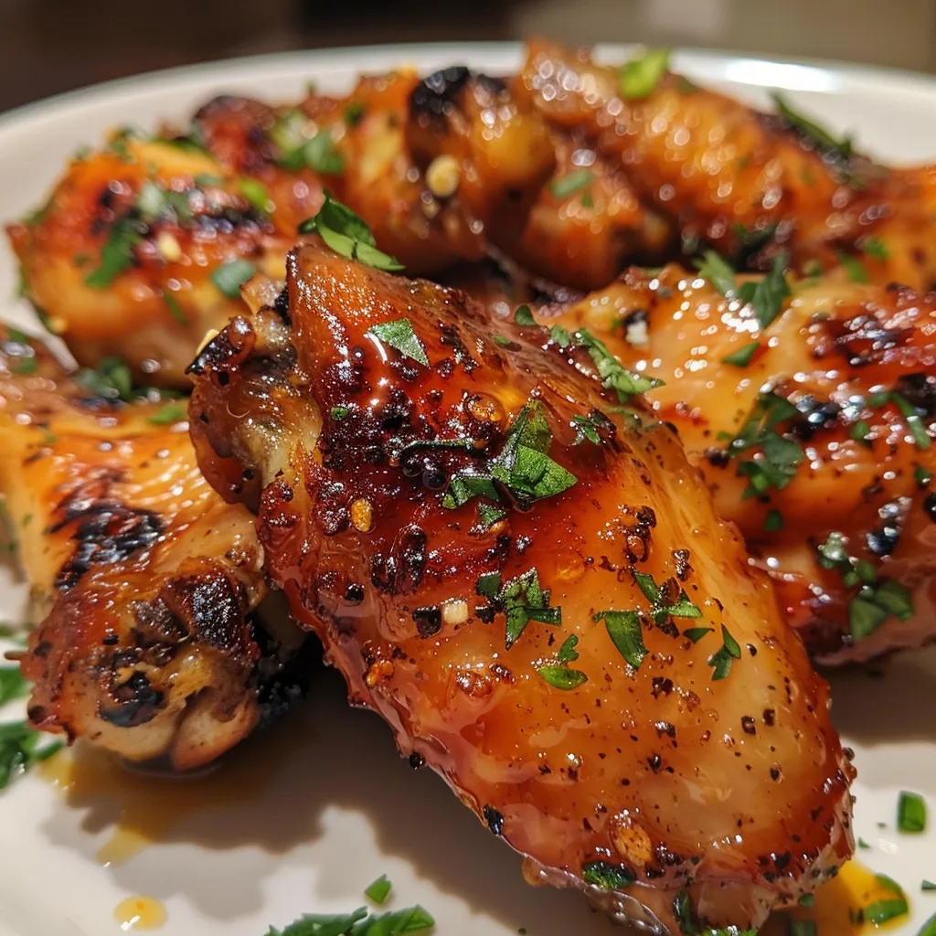 Juicy chicken wings coated in honey garlic sauce, showing vibrant colors and texture.