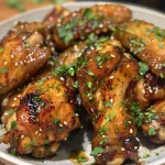 Close-up view of golden-brown honey garlic chicken wings with a glossy glaze.
