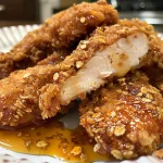 Close-up of crispy chicken tenders drizzled with hot honey.